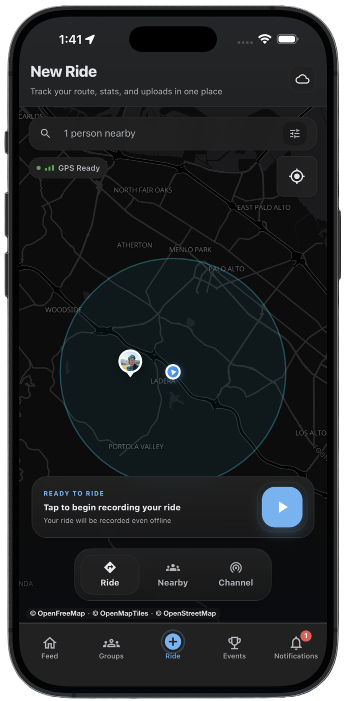 THRYVE GPS ride recording with route, speed, and distance