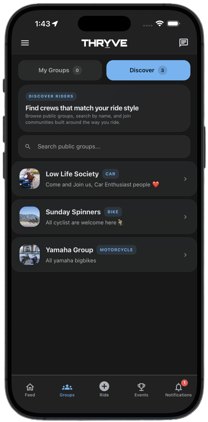 THRYVE groups for motorcycle, car, and bicycle communities