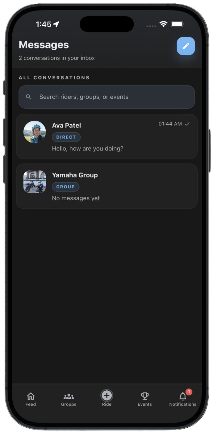 THRYVE direct messages with chats and shared media