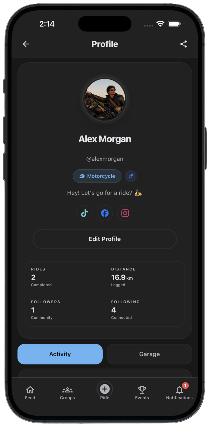 THRYVE profile with ride history, titles, and garage