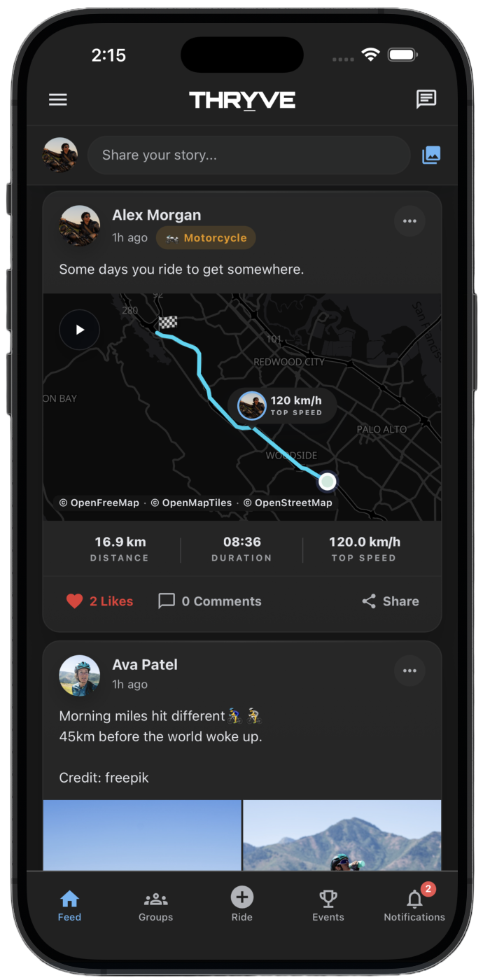 THRYVE activity feed with rides from followed members
