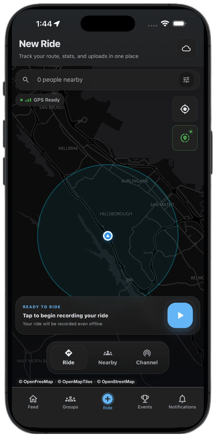 THRYVE New Ride map showing GPS Ready and the control to begin recording